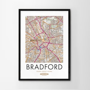 Utilice cualquier código postal del Reino Unido Mapa personalizado del Reino Unido Impresión personalizada Mapas del sistema operativo Regalo de inauguración de la casa Arte enmarcado Mapa detallado de pared Bradford
