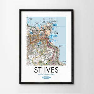 Utilice cualquier código postal del Reino Unido Mapa personalizado del Reino Unido Impresión personalizada Mapas del sistema operativo Regalo de inauguración de la casa Arte enmarcado Mapa detallado de pared St Ives
