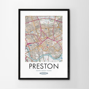 Utilisez n'importe quel code postal du Royaume-Uni, impression de carte du Royaume-Uni sur mesure, impression de cartes du système d'exploitation, cadeau de pendaison de crémaillère de propriétaire, carte détaillée murale d'art encadrée Preston
