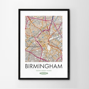 Utilice cualquier código postal del Reino Unido Mapa personalizado del Reino Unido Impresión personalizada Mapas del sistema operativo Regalo de inauguración de la casa Arte enmarcado Mapa detallado de pared Birmingham