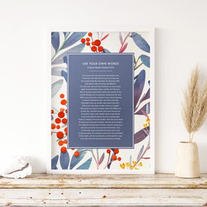 Stampa di poesie personalizzate Usa le tue parole Regalo di anniversario personalizzato Incorniciatura Decorazione floreale da parete Carta commemorativa di nozze fatta a mano