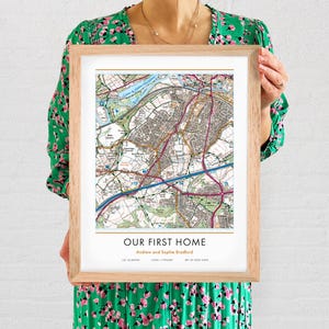 Stampa mappa personalizzata del Regno Unito su misura OS Maps Regalo di inaugurazione della casa per proprietari di casa Decorazione da parete artistica con cornice Mappa dettagliata Nuova casa