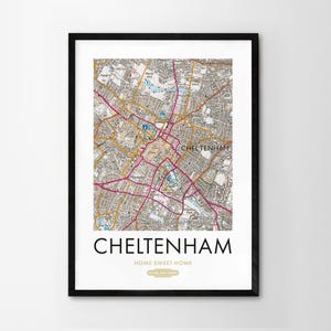 Utilice cualquier código postal del Reino Unido Mapa personalizado del Reino Unido Impresión personalizada Mapas del sistema operativo Regalo de inauguración de la casa Arte enmarcado Mapa detallado de pared Cheltenham