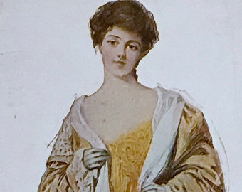 Antique 1911 Portrait Post Card, Debutante, Lovely Lady in Long Gold Robe, A Vintage, Divided Back Postcard