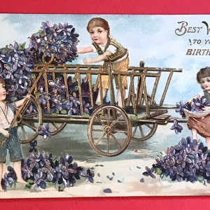 Antike 1908 Geburtstag Postkarte, drei süße kleine Kinder, die lila Blüten in den Warenkorb zu laden, antike Sammlerstück geprägt Postkarte