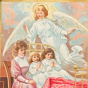 May include: An antique postcard depicting a woman and two children in a bedroom. The woman is seated in a chair, while the children are in a bed. An angel with wings is hovering above the children. The text on the postcard reads "If I should die before I wake."