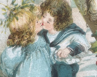 Antique Embossed Christmas Postcard: Boy, Girl Kissing, Santa, Holly (1910) CHAO04G