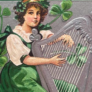 SP07G, Postal vintage del Día de San Patricio, Queridos recuerdos irlandeses, Erin Go Bragh, Verso irlandés, Chica guapa, Arpa plateada, Trébol verde