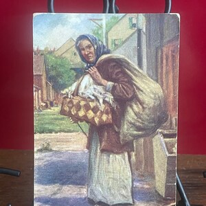 AG38G, cartolina di belle arti antiche, pittura di belle arti, vecchia signora in viaggio verso il mercato, artista non firmato