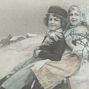 Antique Christmas Postcard: Girls on Sled, Pink Roses (1907-1915) CH30G