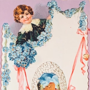 Rara cartolina di Pasqua fantasy leggermente goffrata, auguri di Pasqua, bambino vittoriano, uovo di Pasqua legato al nastro, Germania