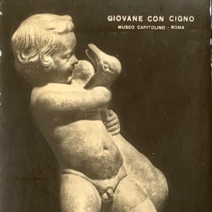 Antieke schone kunstenkaart, beeldende kunstsculptuur, jonge mens met een zwaan, Capitoline Museum, Rome