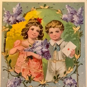 BD28G, antigo, dourado dourado, cartão postal de aniversário, muitos desejos de feliz aniversário, duas crianças fofas, flores roxas, gel, Samson Bros, Alemanha