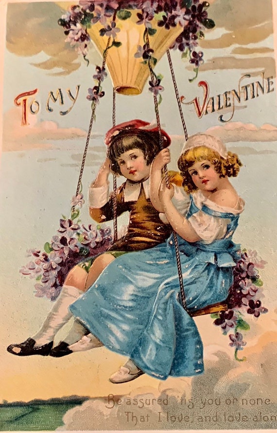 Rare Antique Valentine Postcard: Boy Girl in Hot Air Balloon