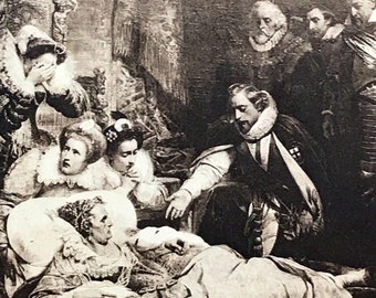 Antique Fine Arts French Postcard, Fine Arts Painting Of The Death of Elizabeth, Queen of England By Artist Paul Delaroche, Art Post Card