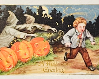 HA2G, Rare, Antique, Lightly Embossed, Halloween Postcard, A Halloween Greeting, Frightened Little Boy, Scary Ghosts, Jack O Lanterns