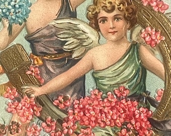 Antique Birthday Postcard: Embossed Angels, Gold Horseshoe, Pink Flowers, BD27G
