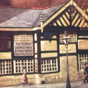 Puede incluir: Una ilustración en blanco y negro de un edificio con un letrero que dice "The Oldest Licensed House in Great Britain". El edificio tiene una fachada de entramado de madera y un techo a dos aguas.