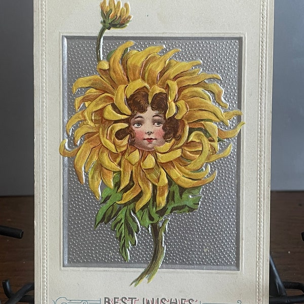GT1G, Rare, Antique, Greetings Postcard, Best Wishes, Cute Flower Girl, Embossed