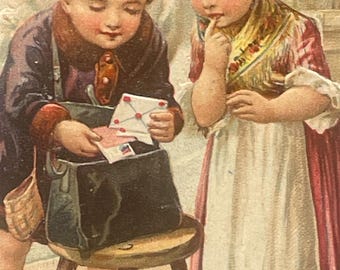 Antique Embossed New Year Postcard: Children Reading Card, Germany, NY14G