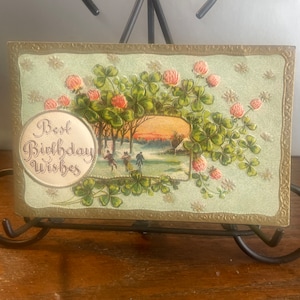 BD20G, Antike Prägung, Geburtstagspostkarte, Beste Geburtstagswünsche, Drei Schlittschuhlaufen, Rosa Blumen, Deutschland