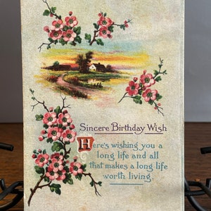 BD33G, Antiquität, Geburtstag, Postkarte, aufrichtiger Geburtstagswunsch, Landhaus, rosa Blumen, USA