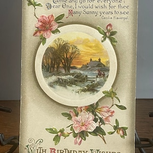 BD34G, antik, leicht geprägt, Geburtstag, Postkarte, mit Geburtstagswünschen, Geburtstags-Vers, Landhaus, schöne Blumen