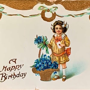 Antike Geburtstag Postkarte, ein alles Gute zum Geburtstag, Liebling kleine Mädchen, Korb mit Blumen, blaues Band, Deutschland