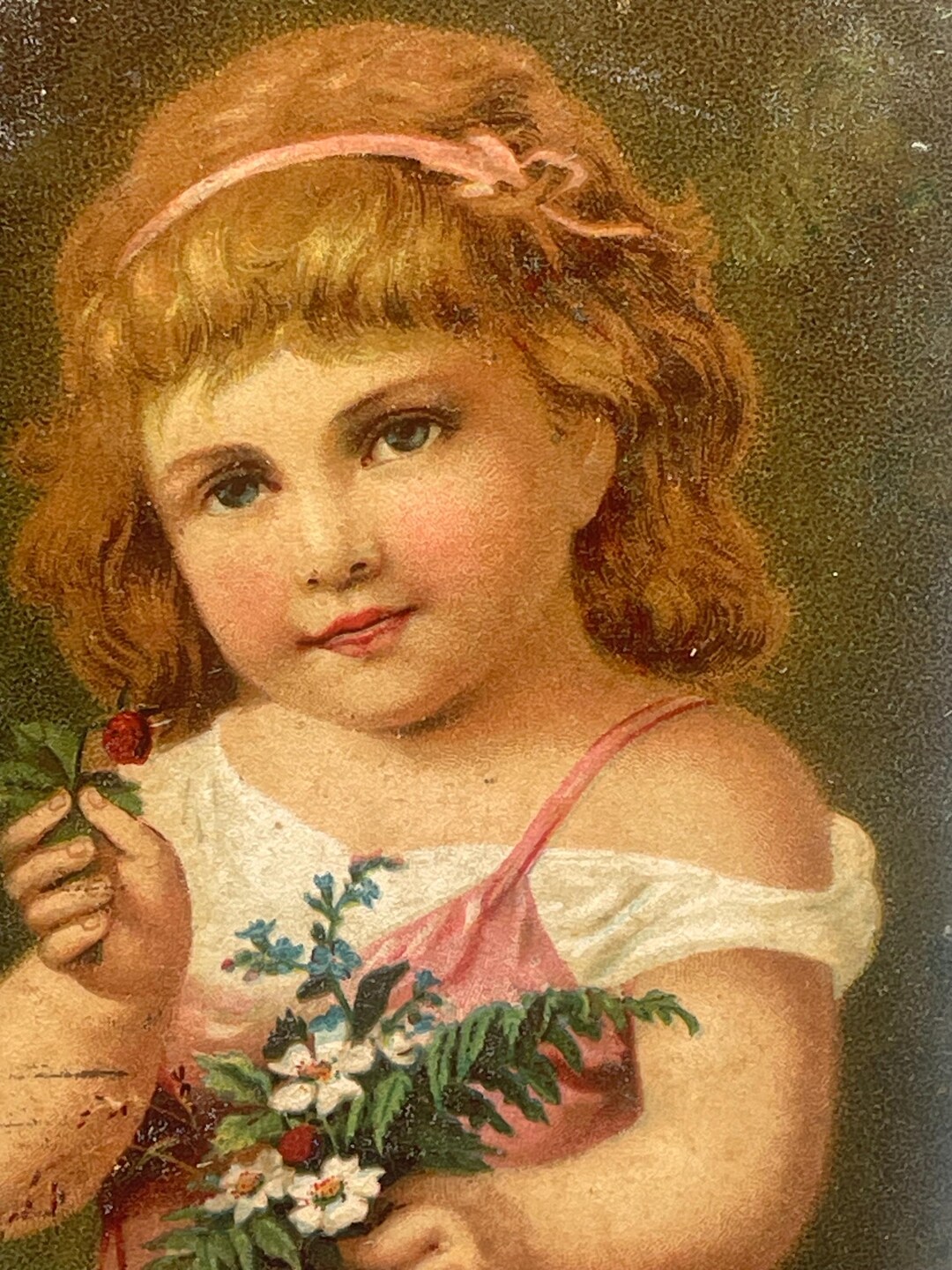 花を持った少女のアンティークポストカード、ドイツ、1910年、GT32G 