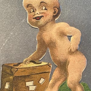 GT30 G, rare, antique. Carte postale, From Babyland, Estampe, Salutations, Bébé avec la valise