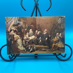 AG31G, cartolina antica di belle arti, dipinto di belle arti, imbarco dei pellegrini da Delft Haven, dell'artista Julian Alden Weir