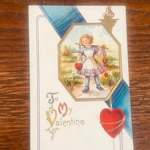 VA14, Antico, Cartolina di San Valentino, Al mio San Valentino, Bambina carina, Blue Band, Gold Locket, Cuori Rossi