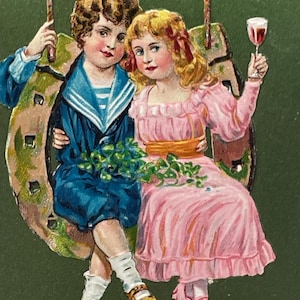 BD66G, Antique, Birthday, Postcard, A Happy Birthday, Boy And Girl On Horseshoe Swing, Germany