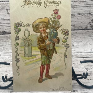 BD60G, antiek, goud verguld, verjaardag, ansichtkaart, verjaardagswensen, kleine Bou, boeket bloemen, Frankrijk