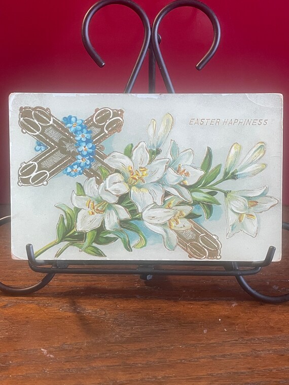 EA37G, Antique,Easter Postcard, Easter Happiness, Gold Cross, White Flowers, Germany