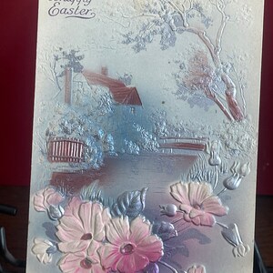 EA27, Rare Antique, Basrelief, Osterpostkarte, Frohe Ostern, Landgehöft, Lazy River, Rosa weiße Blumen