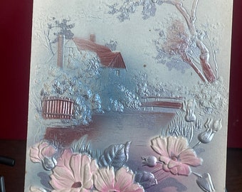 EA27, Rare Antique, Bas Relief, Carte postale de Pâques, Joyeuses Pâques, Propriété de campagne, Rivière paresseuse, Fleurs blanches roses