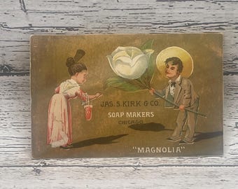 VTC016, Victorian Trade Card 1800s, Gentleman Presenting His Fair Lady a Big White Rose, Jas S Kirk Soap Makers