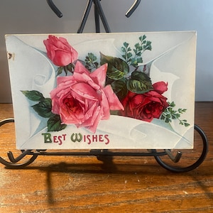 GT1G, Antique, Greetings Postcard, Best Wishes, Red Pink Roses, Germany