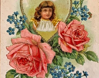 Antike geprägte Geburtstagspostkarte: Mädchen, rosa Rosen, Deutschland, BD29G