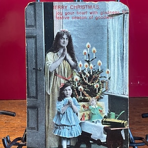 CH103, Raro antico, Lucido, Cartolina di Natale, Buon Natale, Versetto di Natale, Bambina, Angelo adorabile, Albero decorato