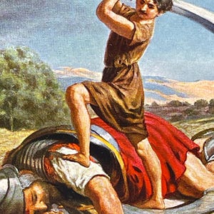AG126G, Cartão-postal vintage de belas artes, Pintura de belas artes, Antigo Testamento, Davi vence Golias, Impresso na Alemanha