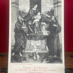 AG73G, Postal antigua de Bellas Artes, Pintura de arte, Nuestra Señora con el Hijo en el trono y Santos, por el artista Francesco Francia, parte posterior indivisa