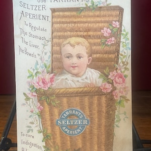 Viktorianische Handelskarte 1800s, kleines Baby im Wäschekorb, Tarrants Seltzer Aperient, viktorianisches Sammlerstück