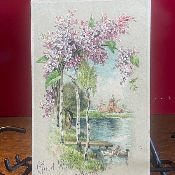 GT43G, Antique, John Winch , Greetings Postcard, Good Wishes and Kind Regards, Wind Mills, Pond With Ducks, Blossoming Trees, Germany