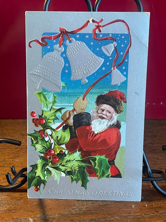 アンティークエンボス加工クリスマスポストカード：ベルを鳴らすサンタ