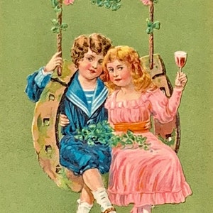 Antique, Lightly Embossed, Birthday Postcard, A Happy Birthday, Cute Boy And Girl, Horseshoe Swing, Pink Flowers, Germany