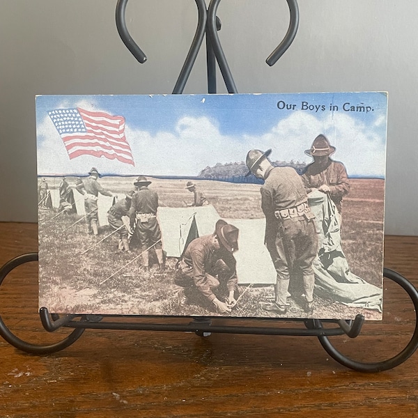 PA8G, Vintage, Patriotic, . Postcard,  Our Boys In Camp, Military Men With PUP Tents, American Flag