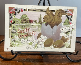 EA40G,Antique, Lightly Embossed Easter Postcard, Gold Chick Hatching From Gold Eggs, Cabin On Lake, Easter Greetings