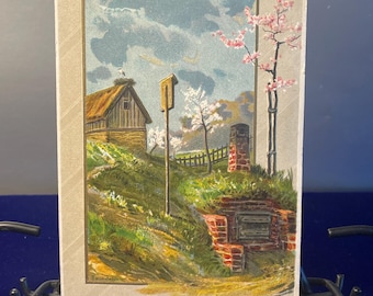 Postal de cumpleaños antigua en relieve: Country Homestead, 1911, BD54G